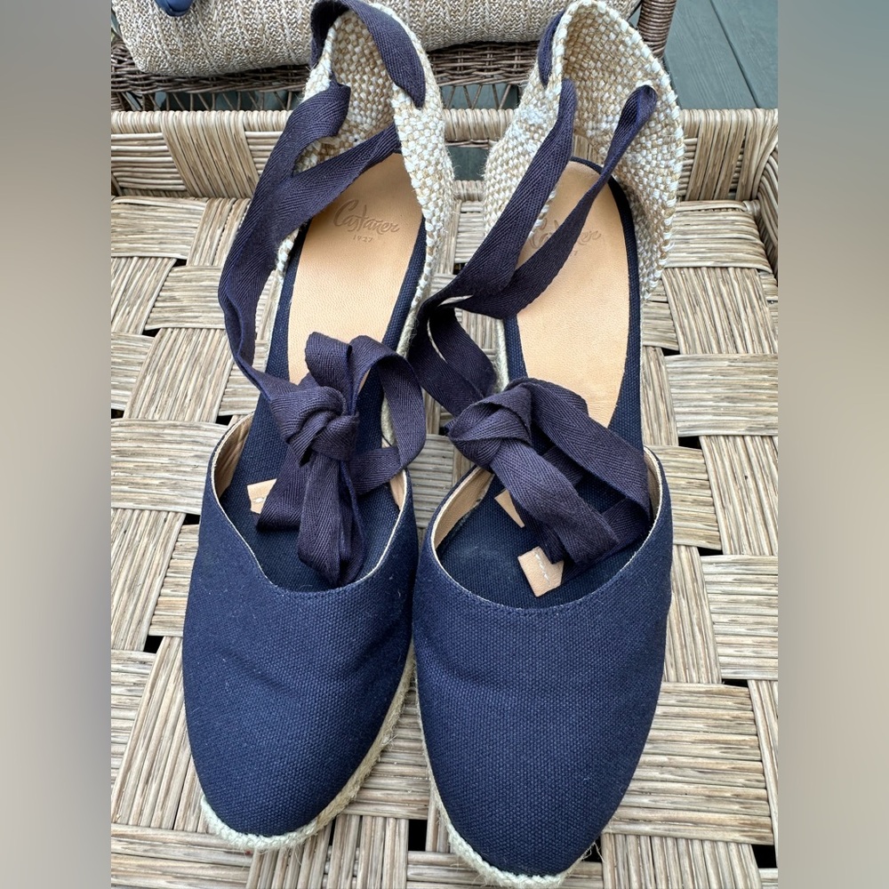 NWOB Castaner Espadrille Wedges Navy/Tan 3” heel front platform - Picture 7 of 11